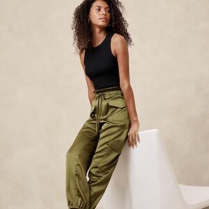 Satin Olive Green Women's Cargo Jogger Pants